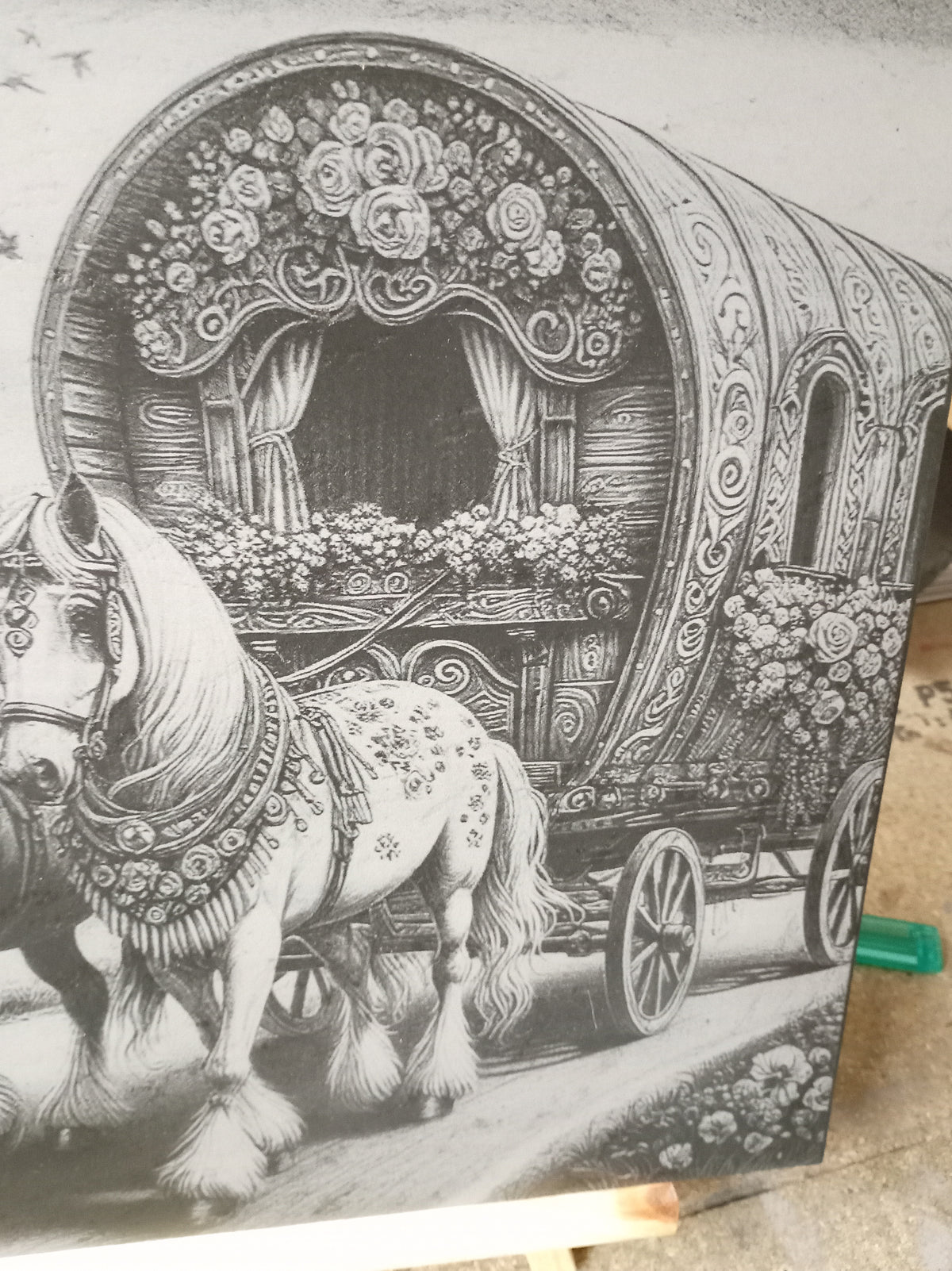 Unique Bow Top Wagon & Horses Engraved Slate