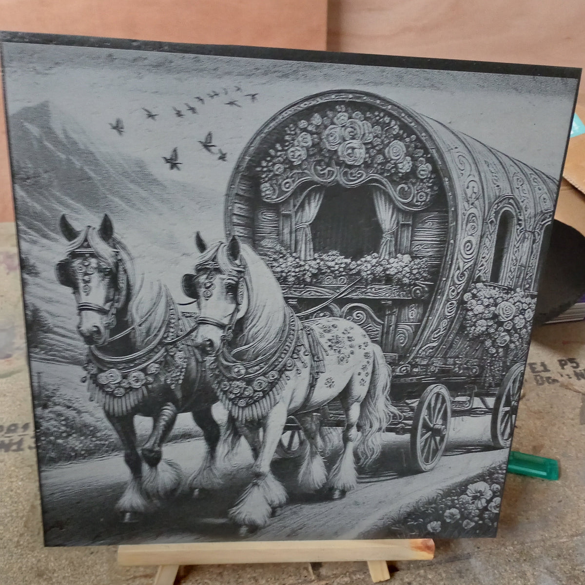 Unique Bow Top Wagon & Horses Engraved Slate