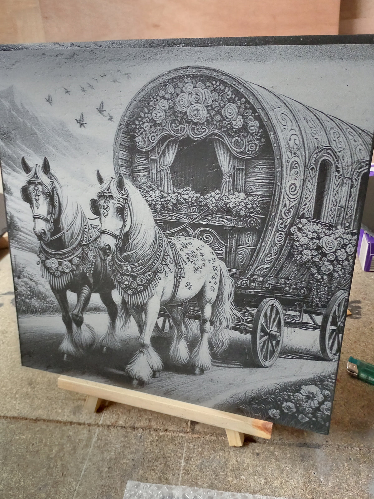 Unique Bow Top Wagon & Horses Engraved Slate