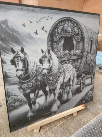 Unique Bow Top Wagon & Horses Engraved Slate