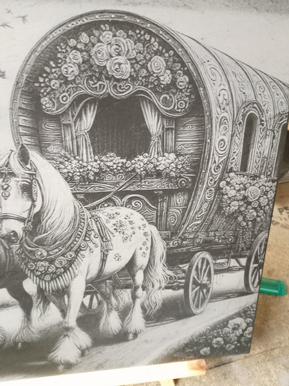 Unique Bow Top Wagon & Horses Engraved Slate