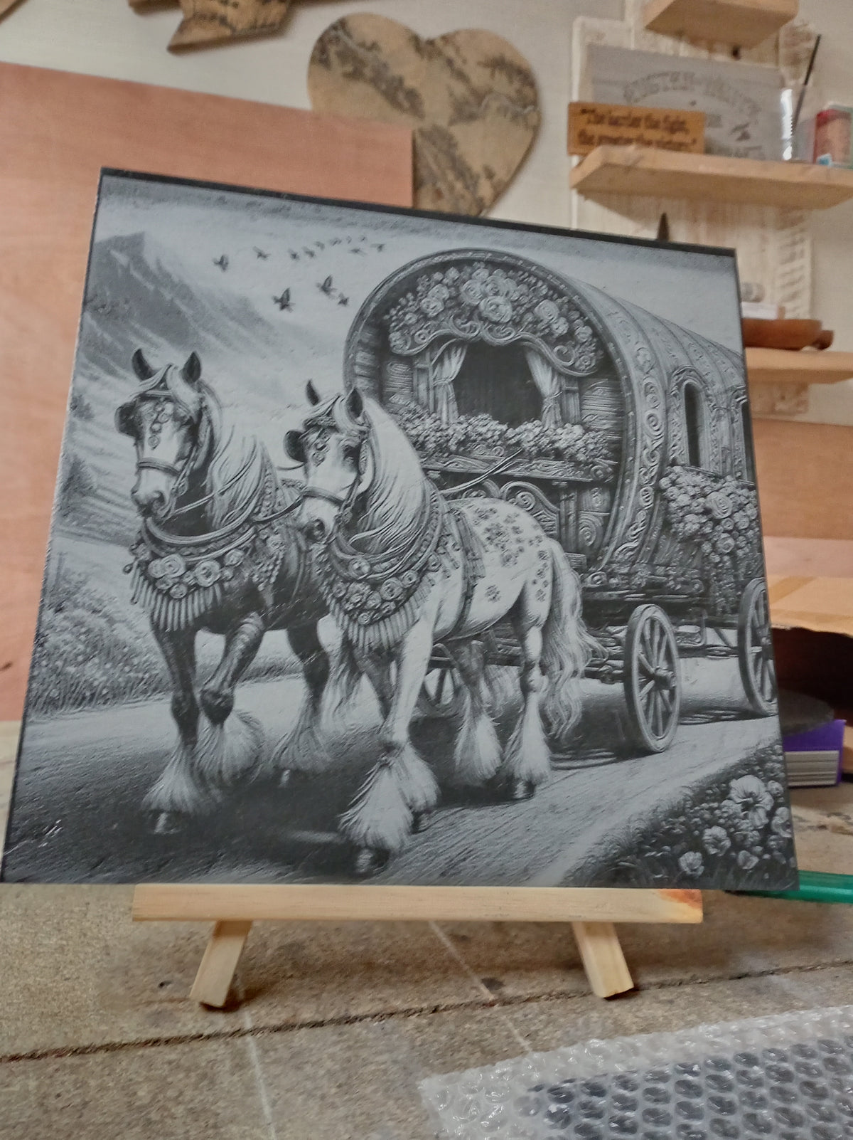 Unique Bow Top Wagon & Horses Engraved Slate