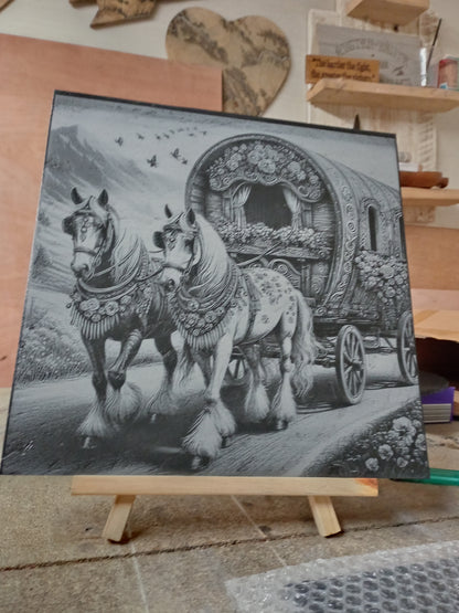 Unique Bow Top Wagon & Horses Engraved Slate